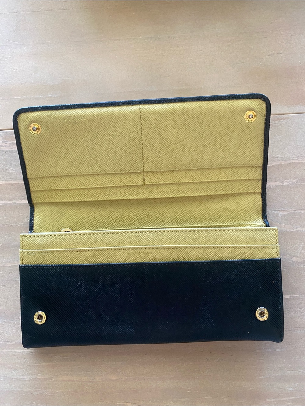 Prada Large Saffiano Leather Wallet Black Flap Wallet Gold Logo Luxury Sleek - Picture 7 of 13